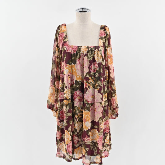 EN CREME Floral Boho Dress Size L Tiered Ruffle Balloon Sleeve Square Neck Retro