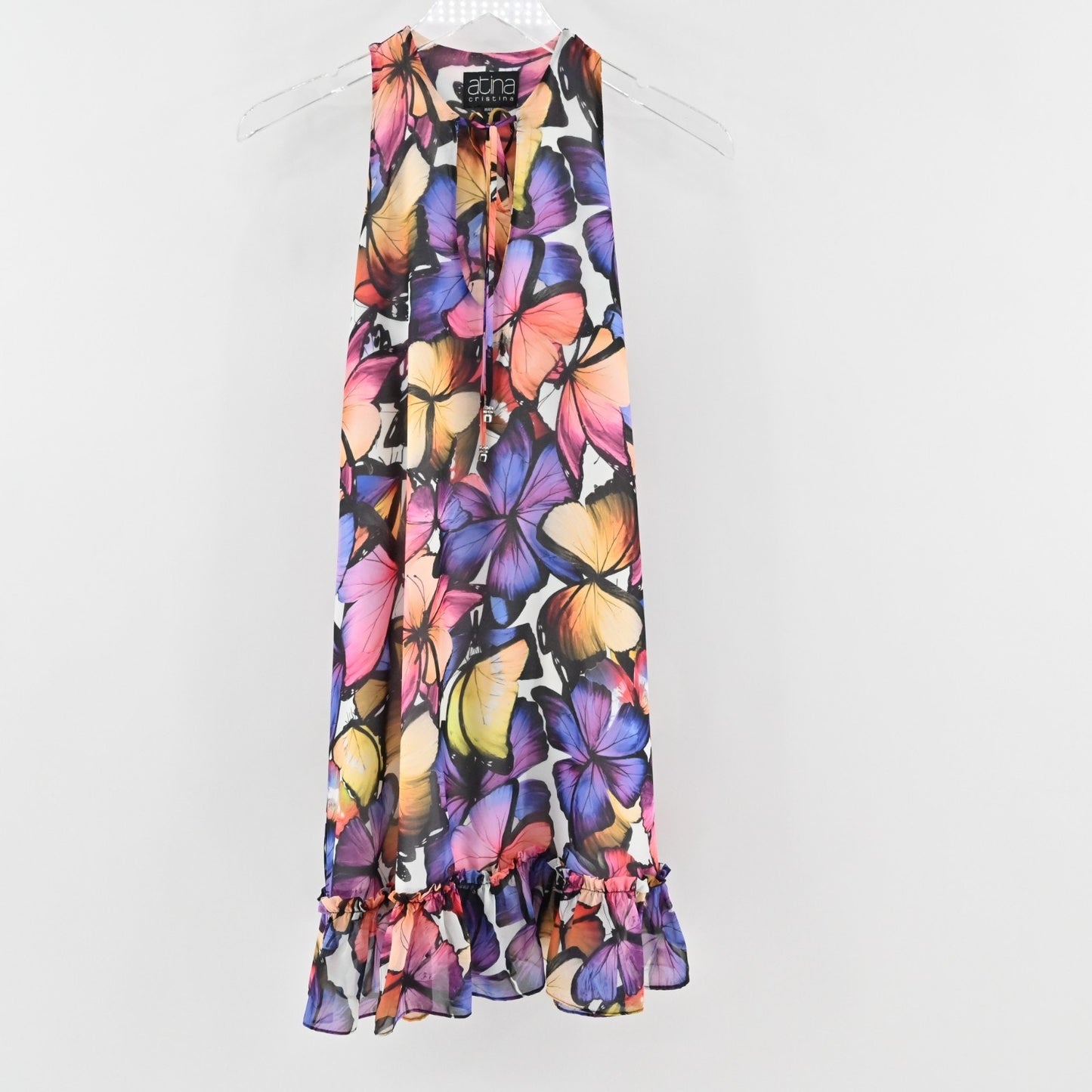 Vtg Y2k Atina Cristina Colorful Butterfly Mini Dress Sz XS Sleeveless Ruffle Hem