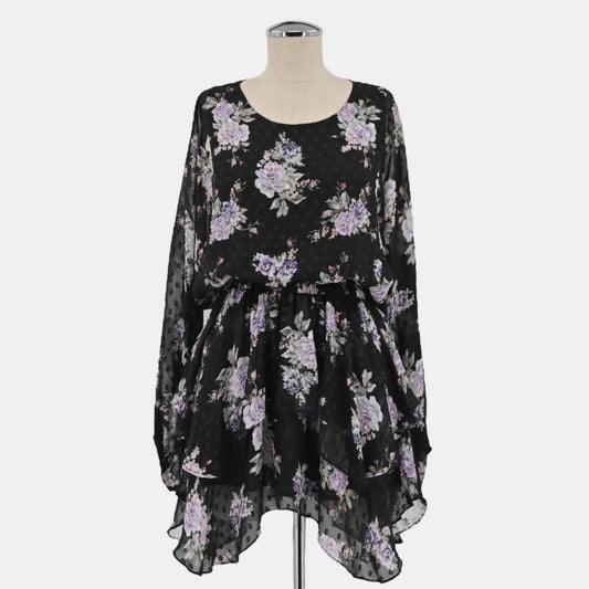 LOVE SHACK FANCY Womens Kaia Silk Dress Size S Black Floral Asymmetrical Chiffon