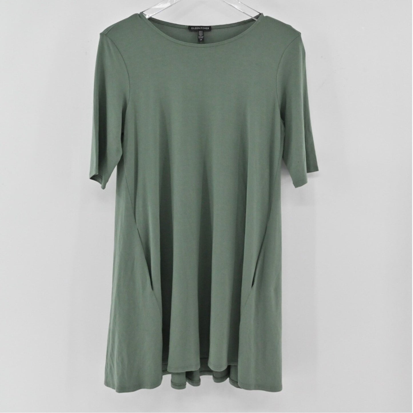 EILEEN FISHER Jersey Sage Green Dress Size S Lagenlook Shift Half Sleeve USA