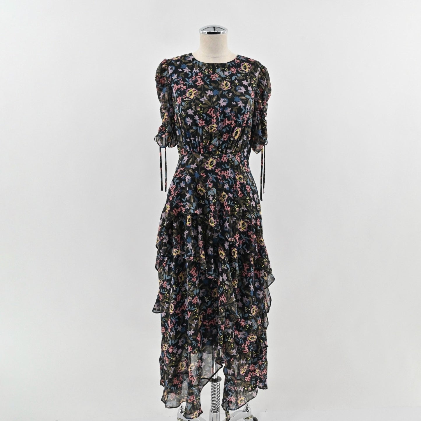 CeCe Tiered Midi Dress Size 2 Black Asymmetric Floral Print Ruched Short Sleeve