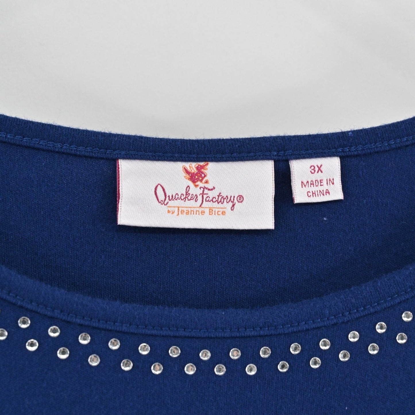Quacker Factory Womens Velvet Sleeve Rhinestone Top Sz 3X Navy Blue Long Sleeve