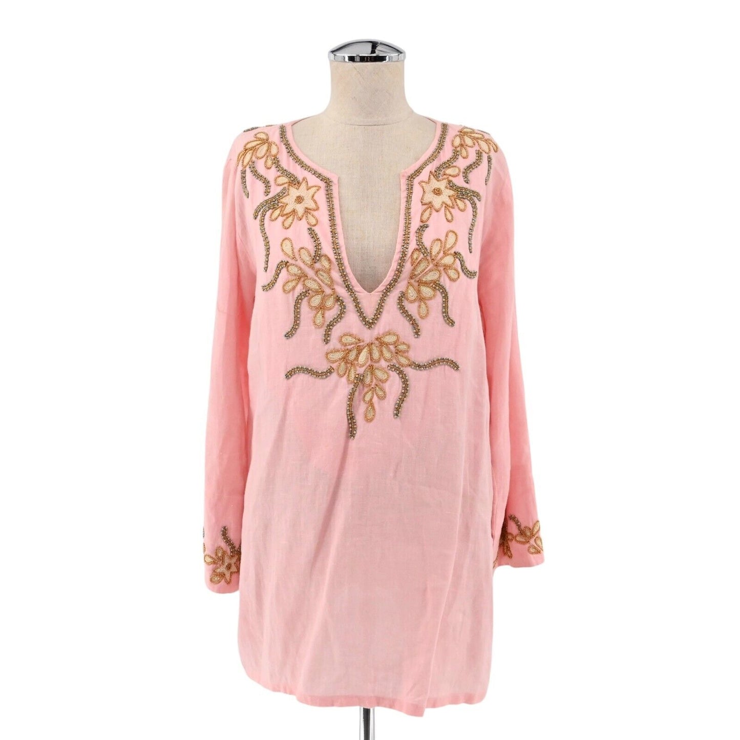 BARBARA GERWIT Top Womens Size M Linen Beaded Detail Pink Tunic Split VNeck