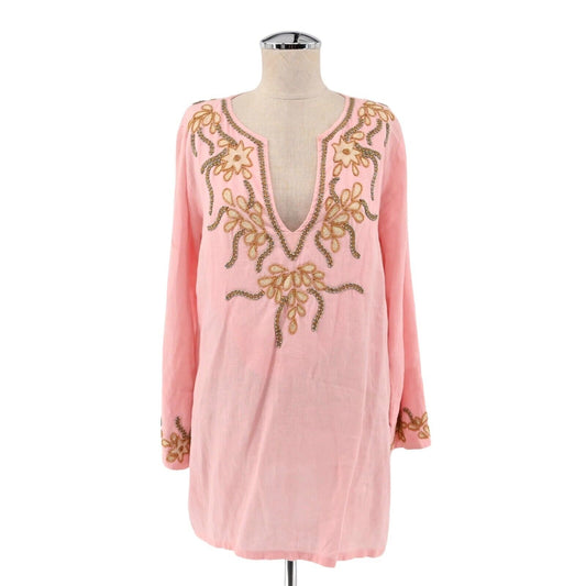 BARBARA GERWIT Top Womens Size M Linen Beaded Detail Pink Tunic Split VNeck