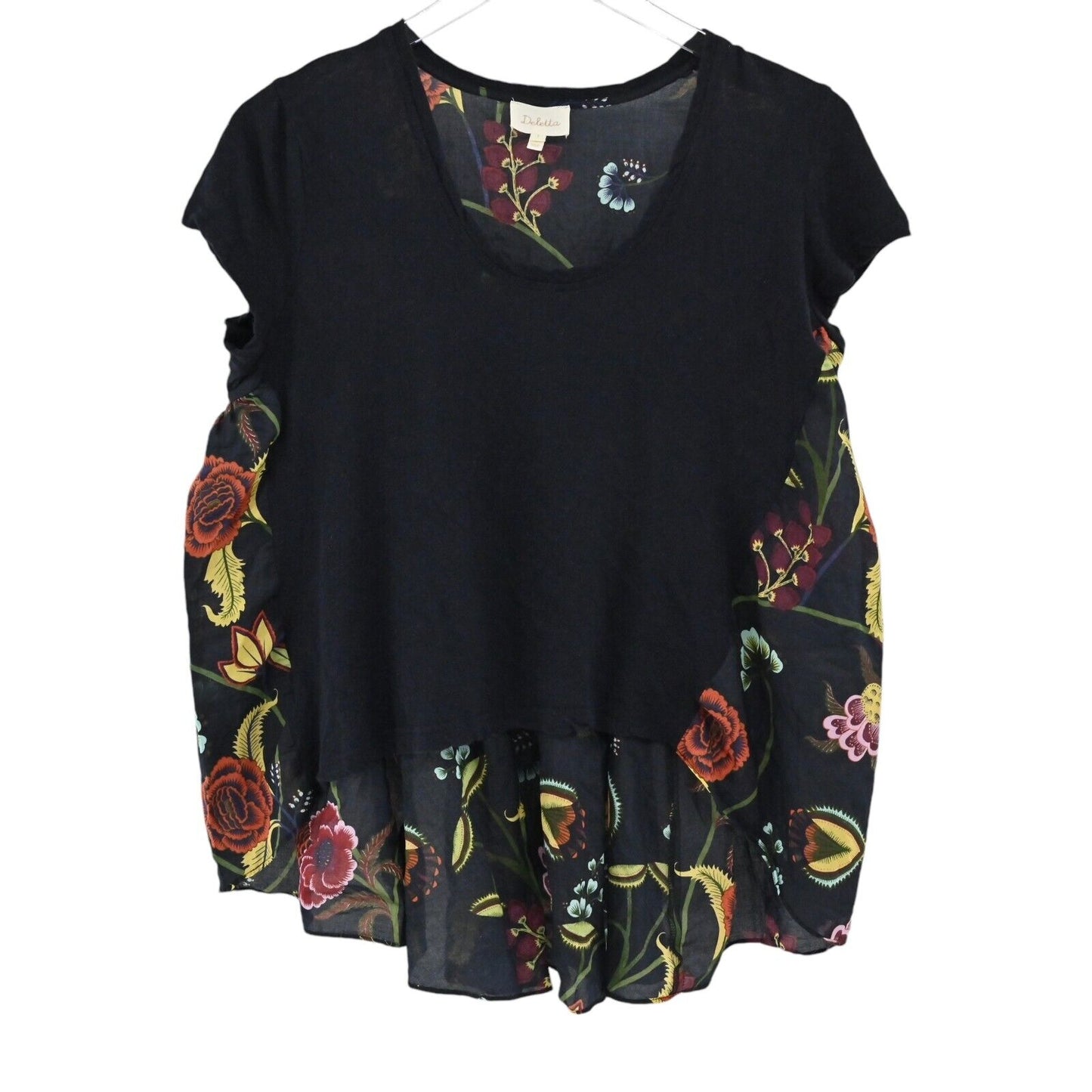 ANTHROPOLOGIE Top Womens Sz S Deletta Silver Fern Floral Navy High Low Peplum
