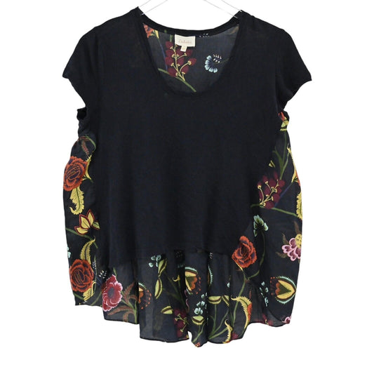 ANTHROPOLOGIE Top Womens Sz S Deletta Silver Fern Floral Navy High Low Peplum
