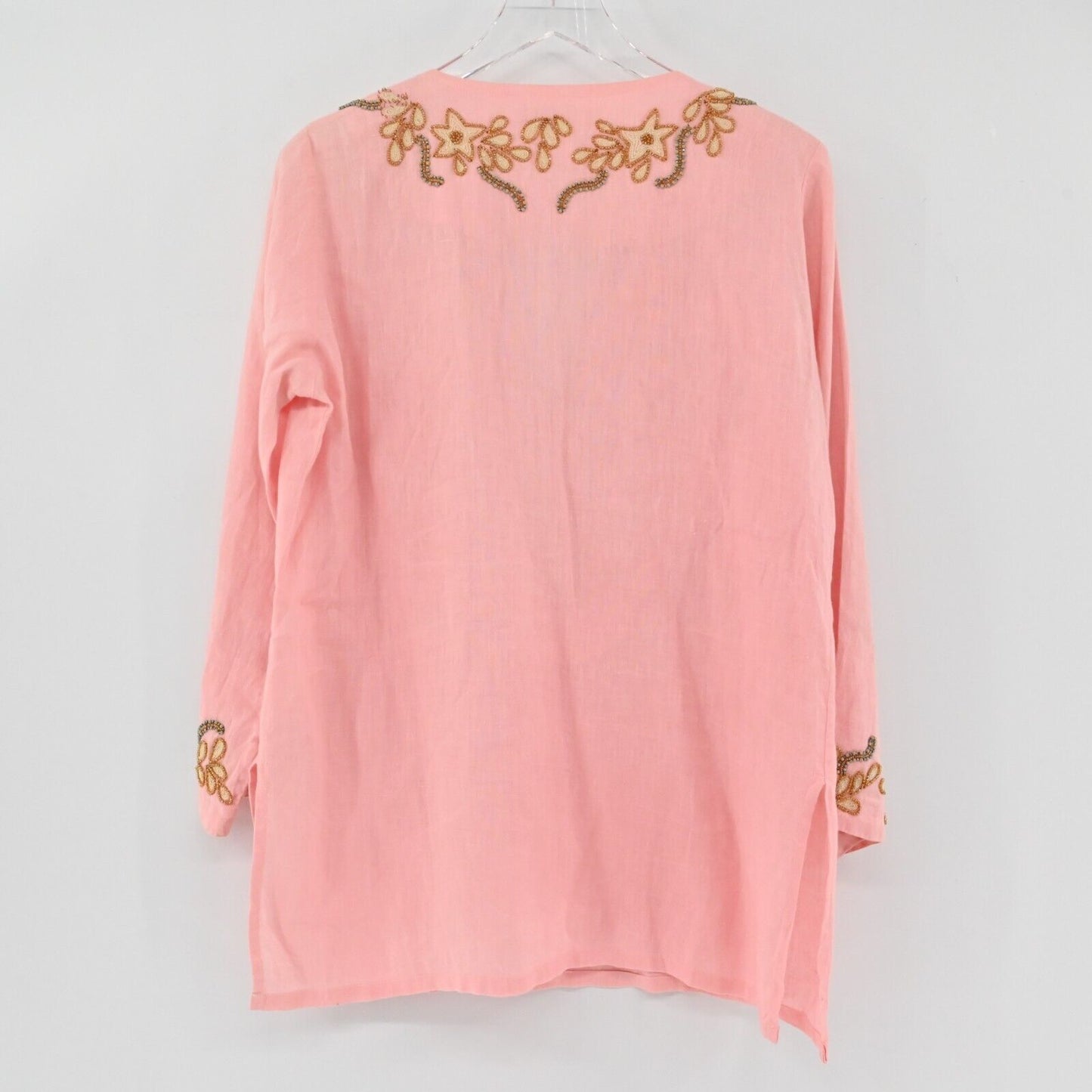 BARBARA GERWIT Top Womens Size M Linen Beaded Detail Pink Tunic Split VNeck