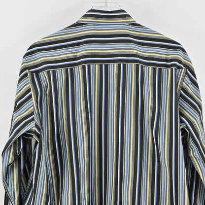 Robert Graham Mens Embroidered Stripe Collared Shirt Size L Blue Office Workwear