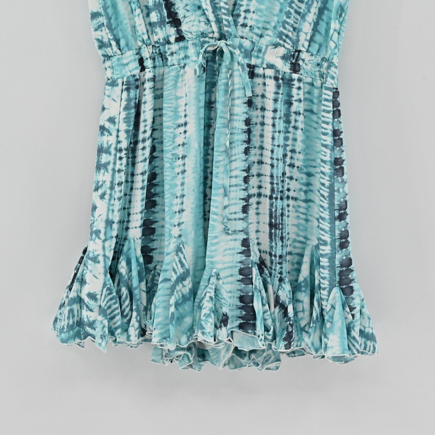 LUXXEL Romper Womens Size L Short Sleeve VNeck Turquoise Printed Tie Waist Frill