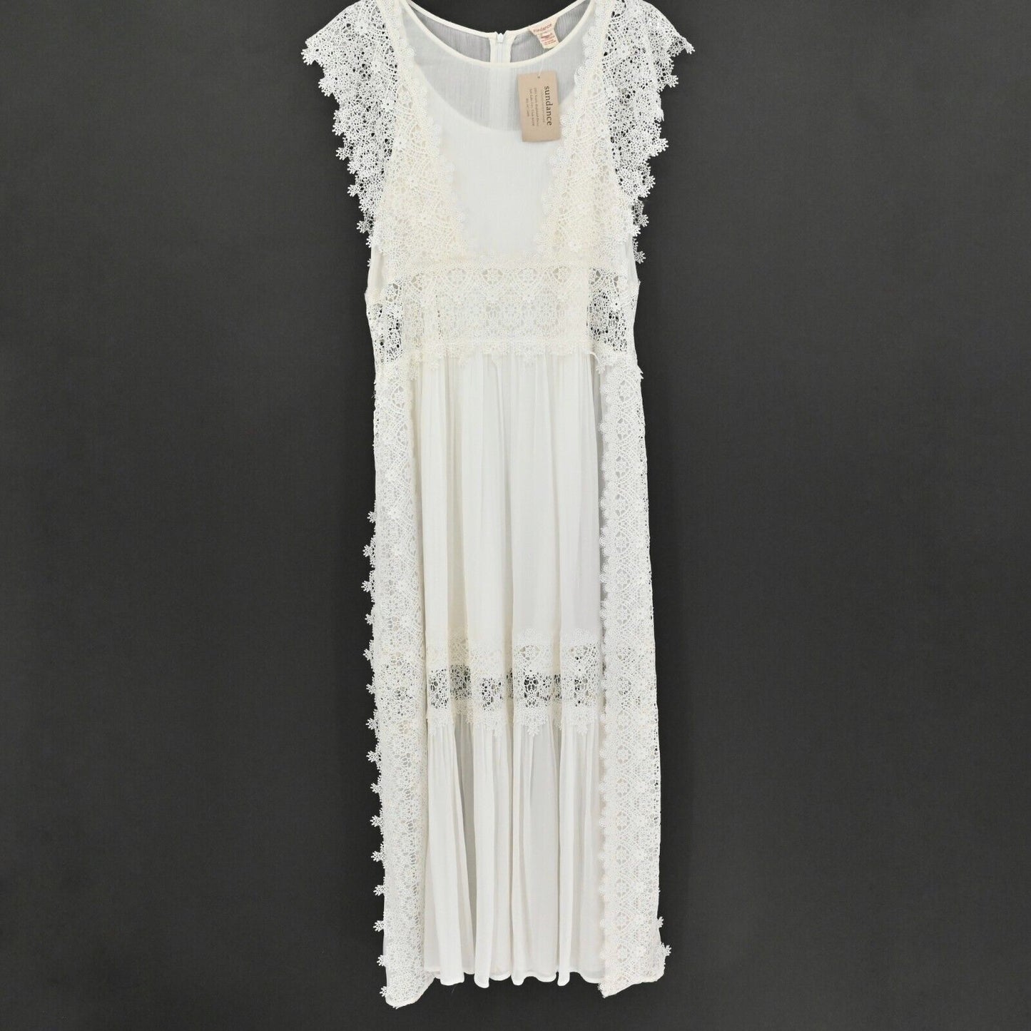 SUNDANCE Dress Womens Size 10 Ivory Floral Lace Ruffle Flutter Sleeve Maxi NEW