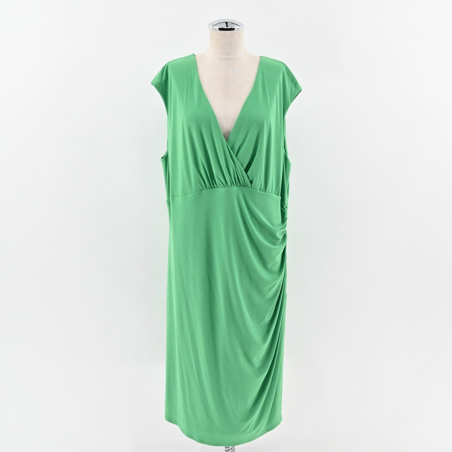 LAUREN RALPH LAUREN Dress Size 20W Solid Green VNeck Ruched Jersey Stretch LRL