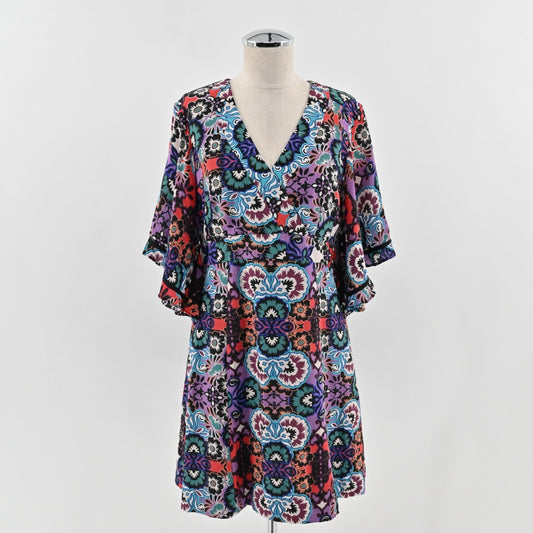 Nanette Lepore Silk Bell Sleeve Dress Size 6 B Multicolor Floral Surplice ALine
