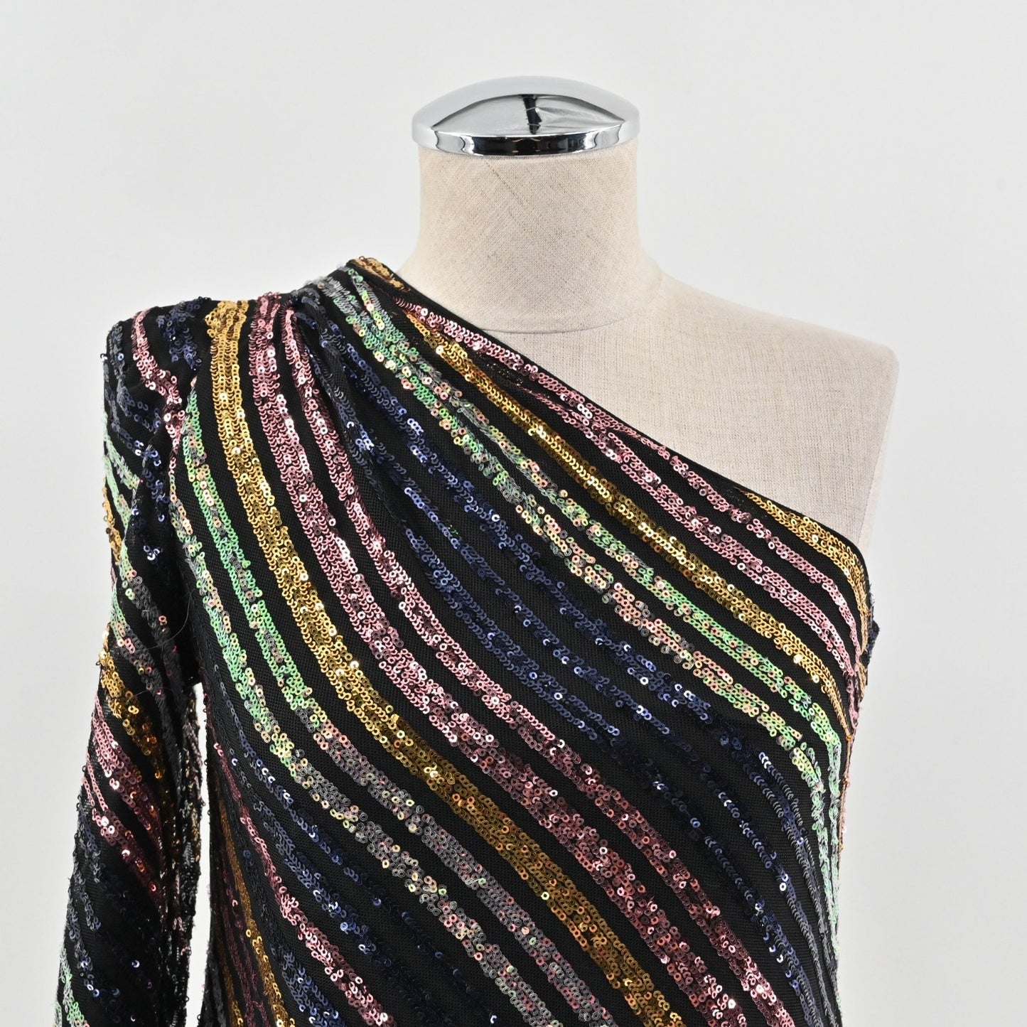 Self Portrait Womens Sequin One Shoulder Top Sz 2 Stripe Asymmetric Blouse
