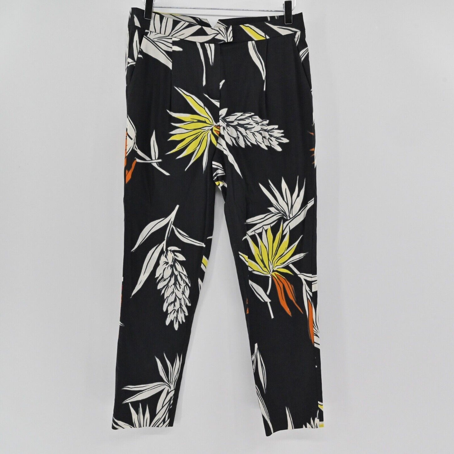 BEATRICE B Pants Women Sz M Black Tropical Floral Cotton Mid Rise Pleated Skinny
