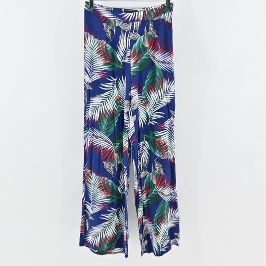 THE SANG Pants Womens Size M Blue Tropical Print High Rise Wide Leg Beach Boho