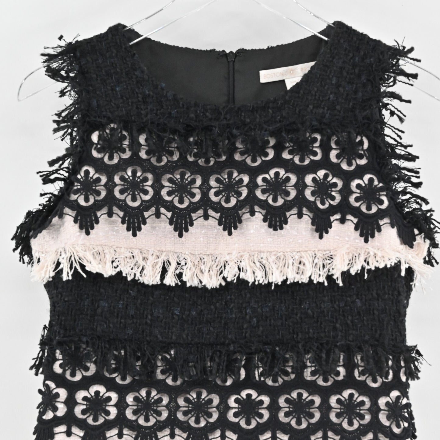 BOSTON PROPER Tweed Dress Size 2 Color Block Sleeveless Floral Fringe Mini Retro