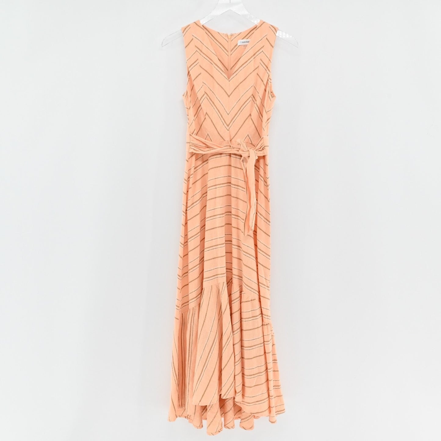 CALVIN KLEIN Dress Sz 2 Orange Linen Cotton Striped Belted Maxi V Neck Vacation