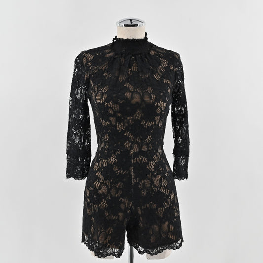 ALEXIS Womens Jing Black Lace Pattern Romper Size XS Mock Neck 3/4 Sleeve Chic