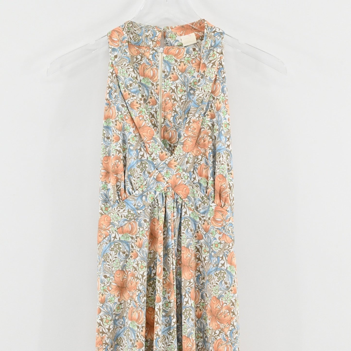 Vtg 70s Floral Halter Maxi Dress Size S Peach Blue Whimsical Bloomcore Feminine