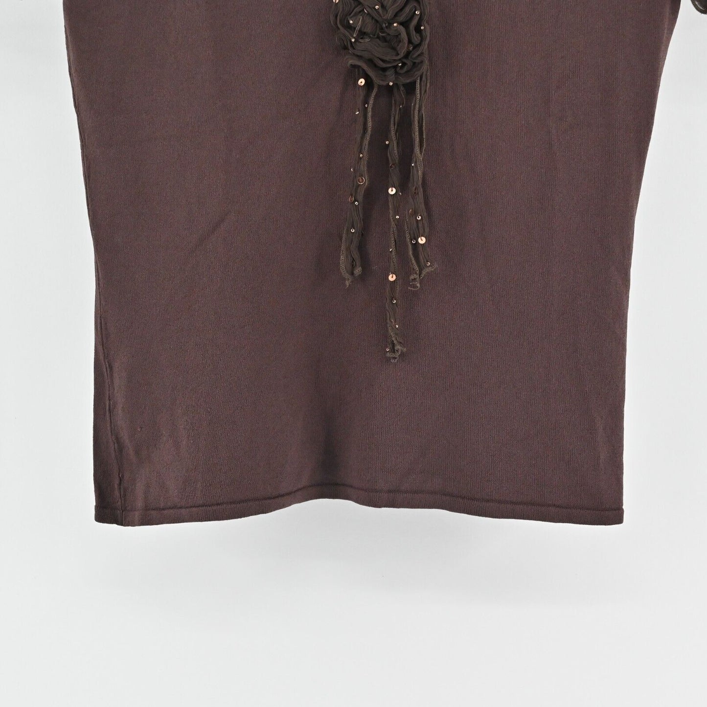 POIS Top Womens Size M VNeck Rosette Sequin Sheer Short Sleeve Chocolate Brown
