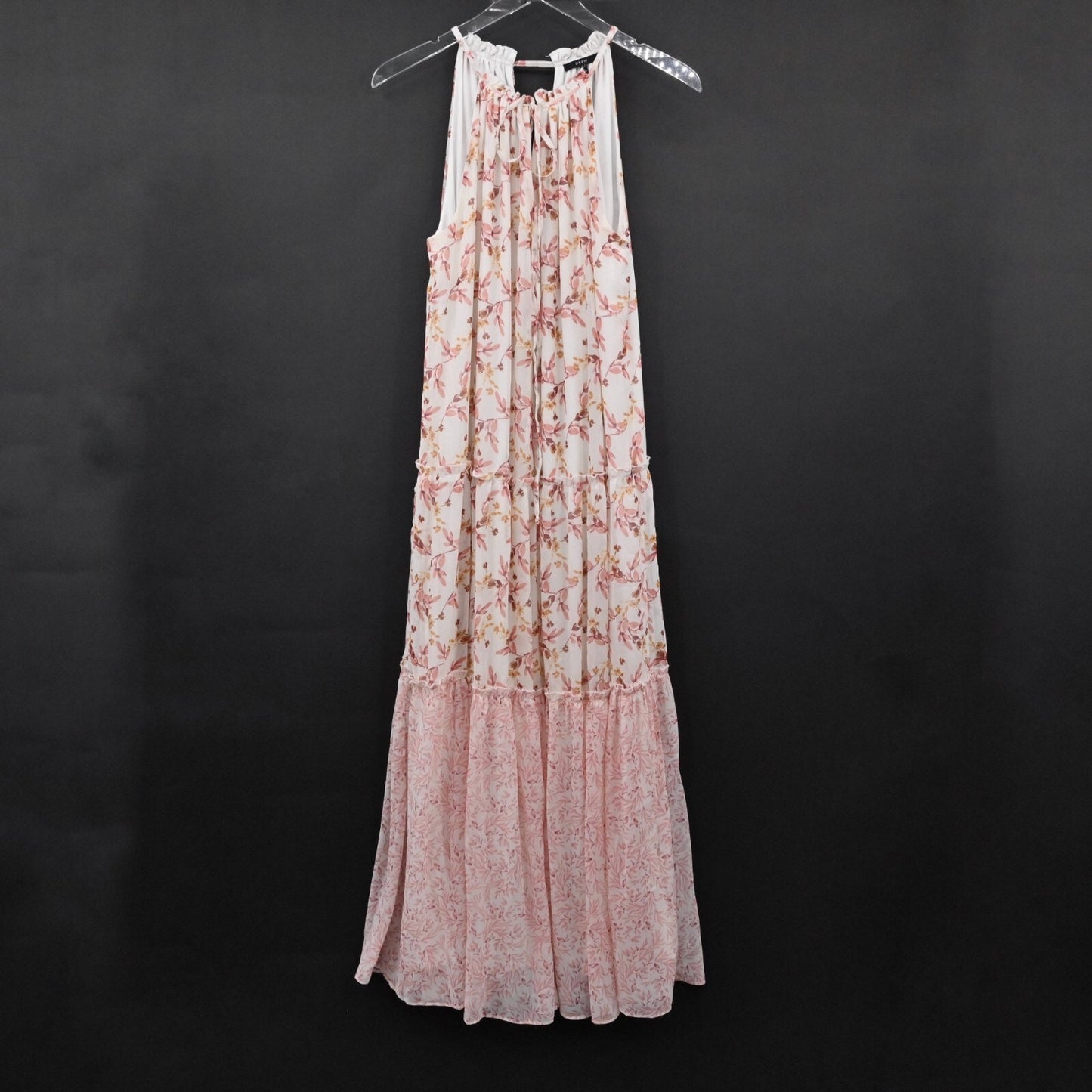 DREW Naomi Maxi Dress Size L Chiffon Halter Floral Print Tiered Sleeveless Boho