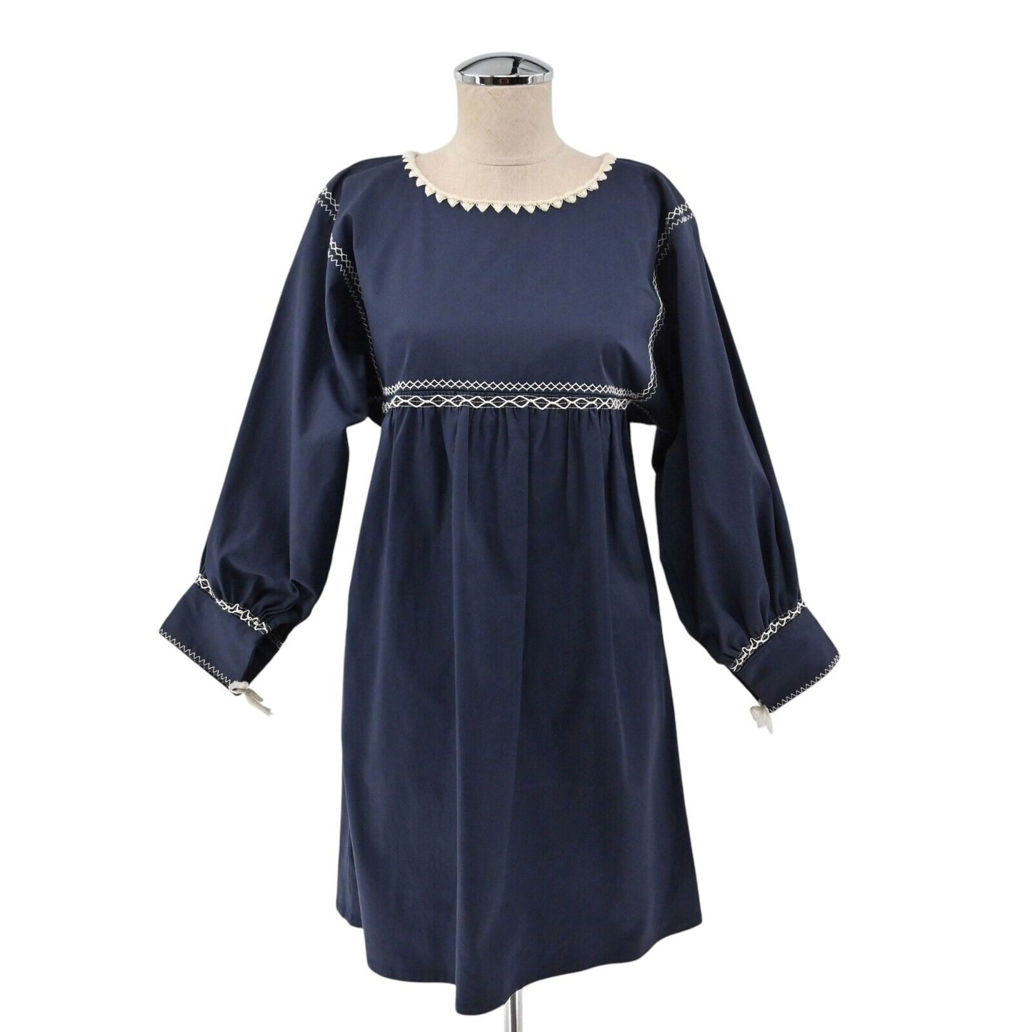 KOCH Dress Sz S Embroidered Trim Navy Long Sleeve Cotton Poplin Cottagecore Boho