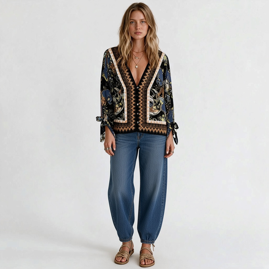 Model wearing Lynn's Closet Boutique Free People bohemian print V-neck top with tie sleeves and blue jeans