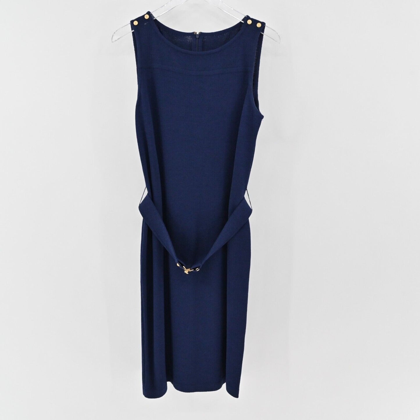 ST JOHN Dress Sz 10 Blue Santana Knit Wool Sheath Sleeveless COLLECTION Dog Show