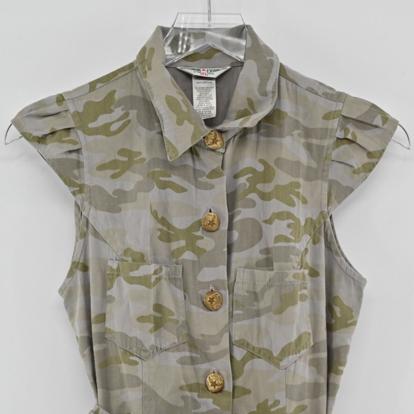 HARD TAIL Dress Womens Sz XS Camo 100% Cotton Belted Button Front Cap Sleeve Y2k