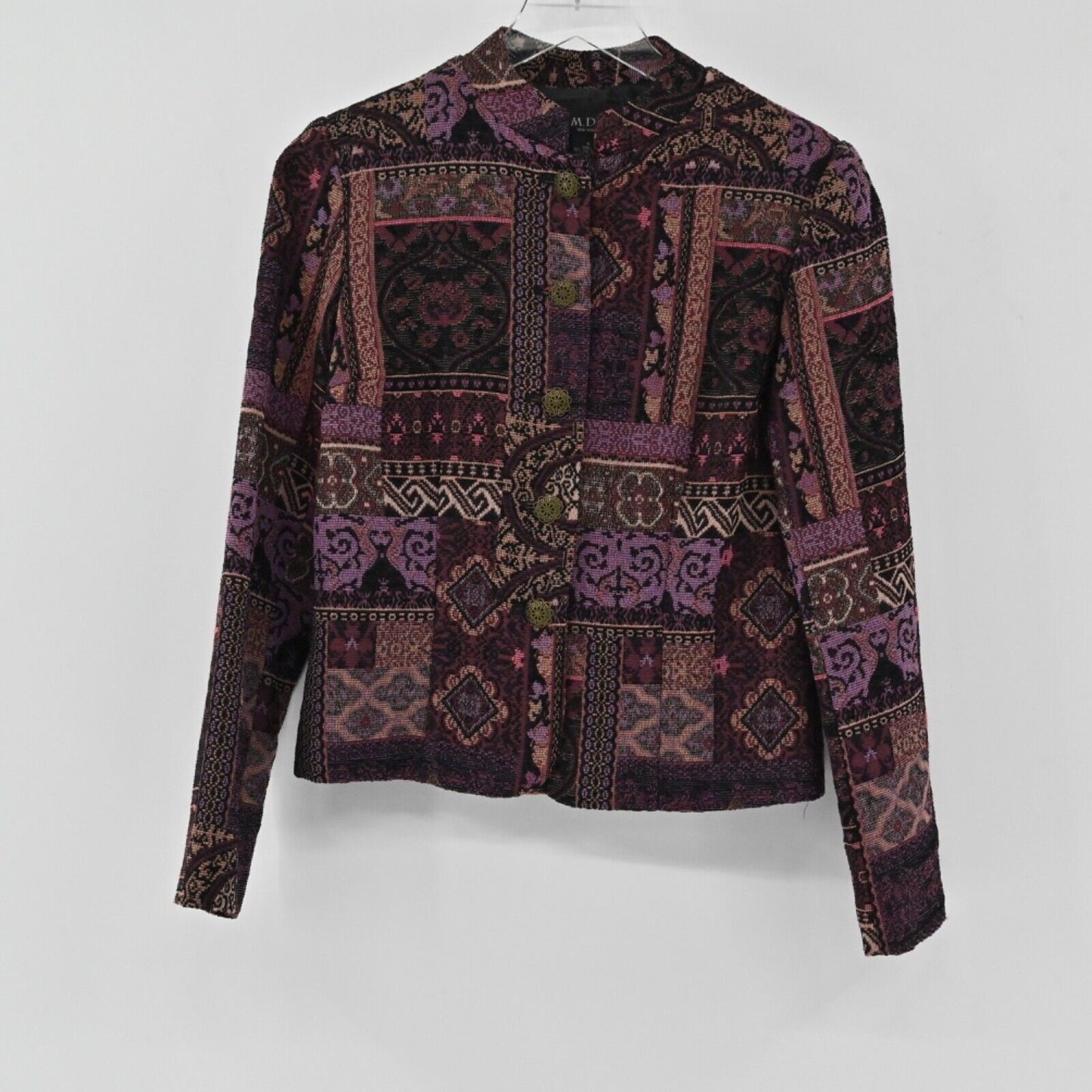 Vtg MDL Jacket Womens Sz S Purple Patchwork Print Tapestry Button Front Boho 90s
