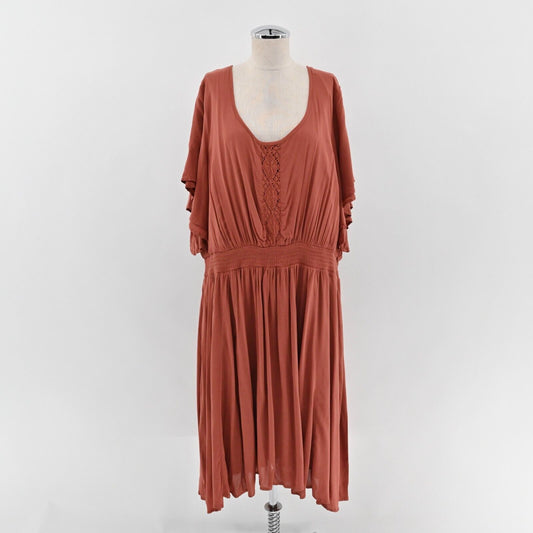 TORRID Dress Size 4X Challis Rust Embroidered Smocked Waist Flutter Short Sleeve