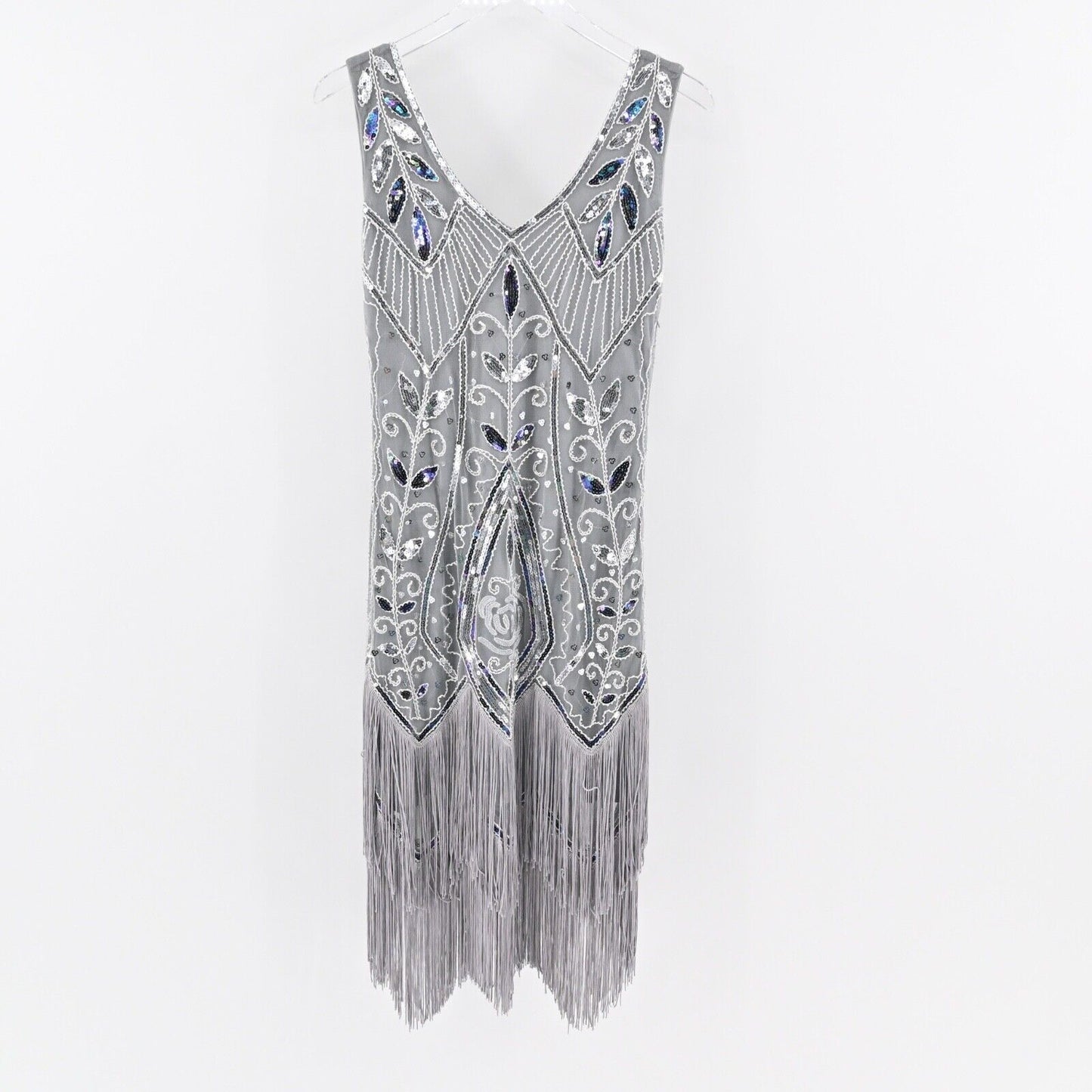 METME Dress Size S Gray Sequin Beaded V Neck Sleeveless Fringe Flapper 1920s NEW