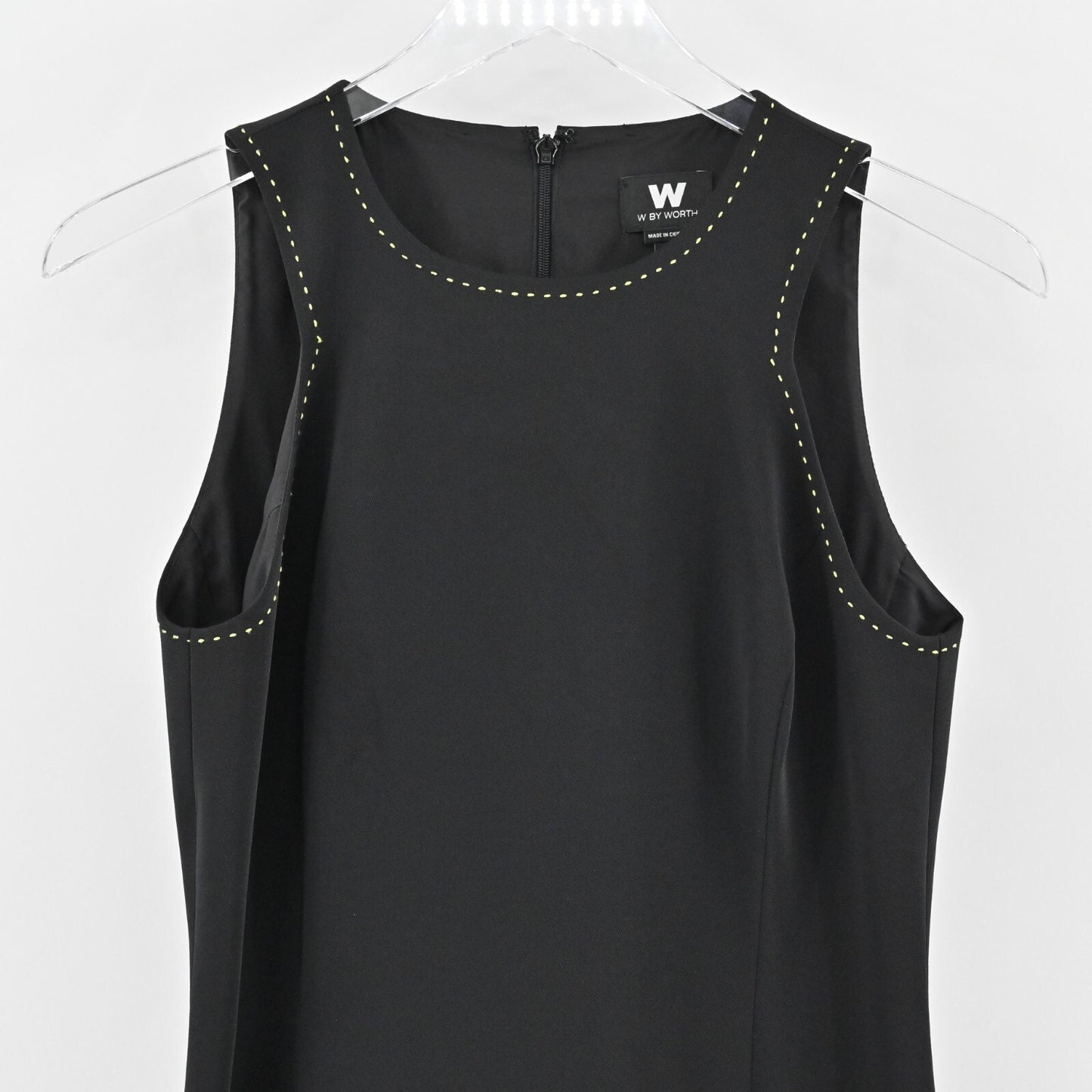 W by WORTH Dress Size 2 Classic Black Sleeveless Yellow Stitch Trim Quiet Luxury