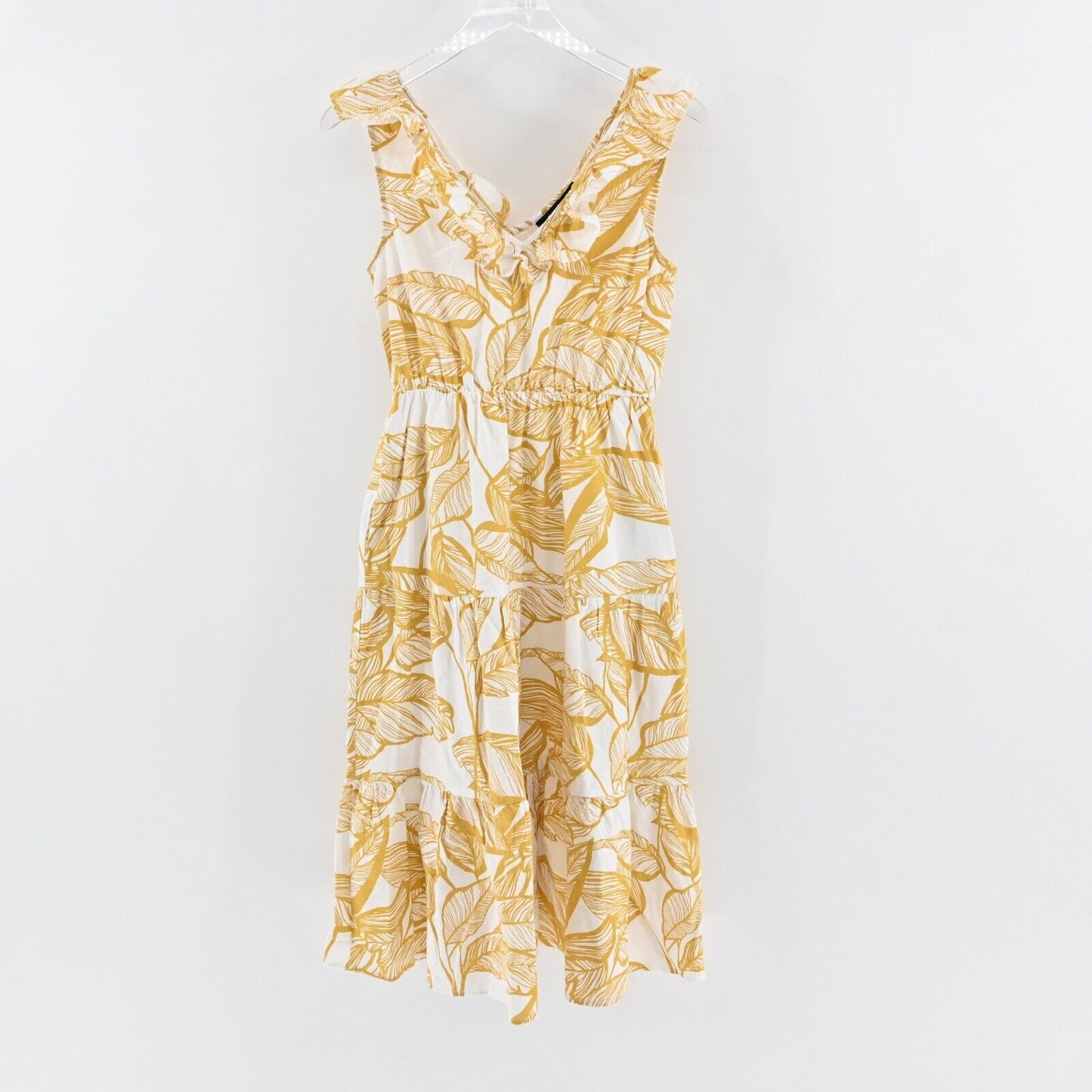 SUGAR LIPS Dress Size XS Yellow Tropical Print Poplin Cotton Ruffle Tiered Midi