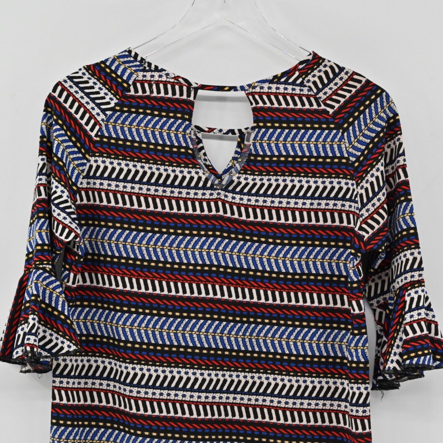 MOLLY BRACKEN Dress Women Sz XS Stripe Print Keyhole Neck Half Bell Sleeve Shift