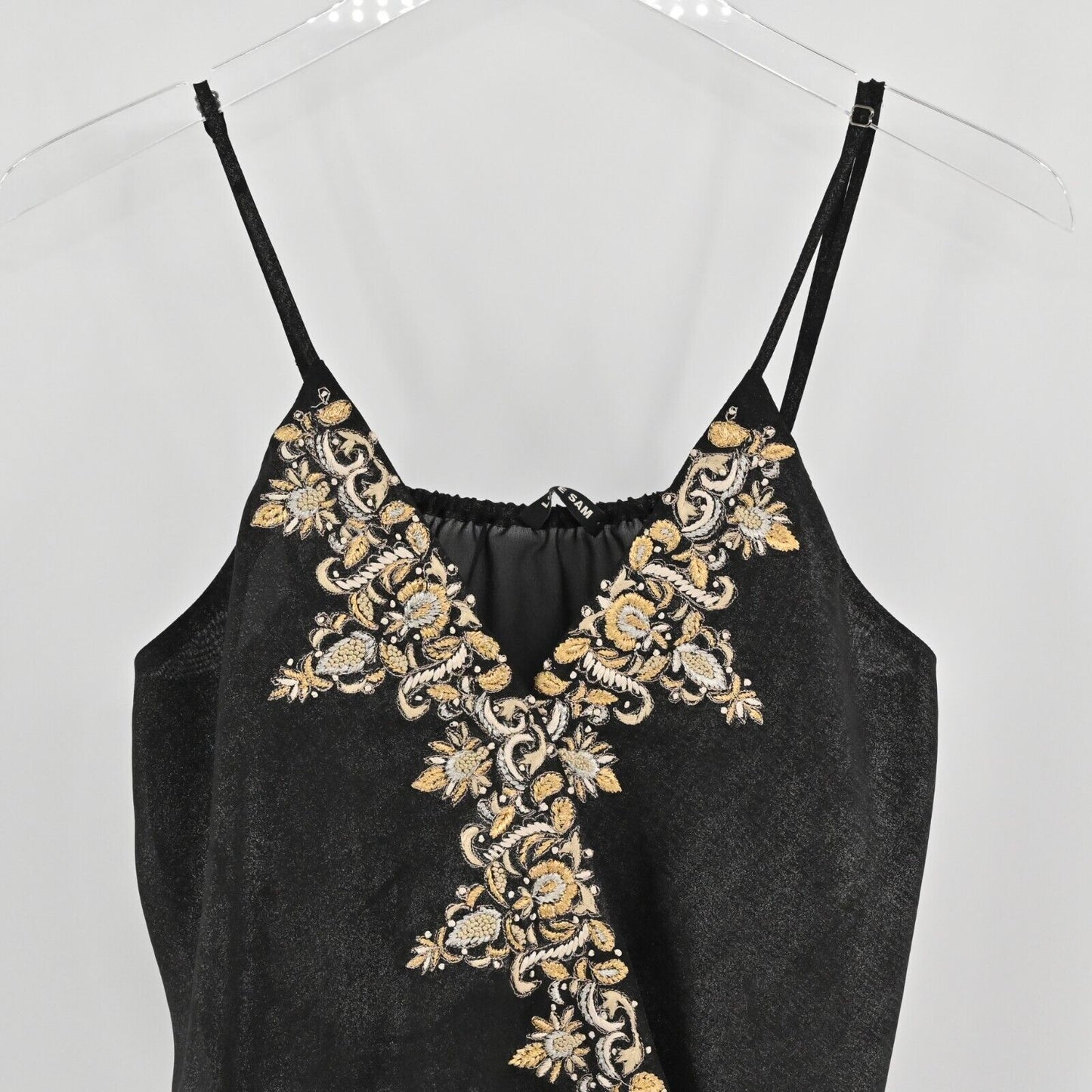 ANTHROPOLOGIE Womens Sz S Love Sam Cami Top Black Semi Sheer Embroidered Boho