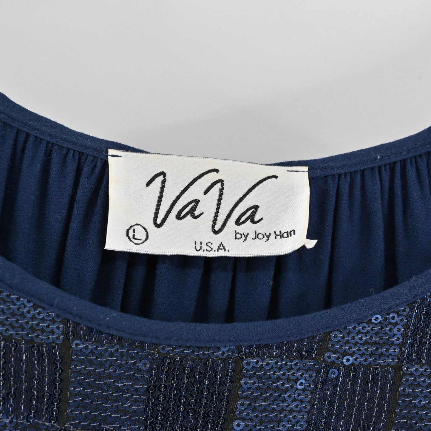 Vtg VaVa Joy Han Womens Sequin Top Size L Blue Checkered Batwing Dolman Sleeve