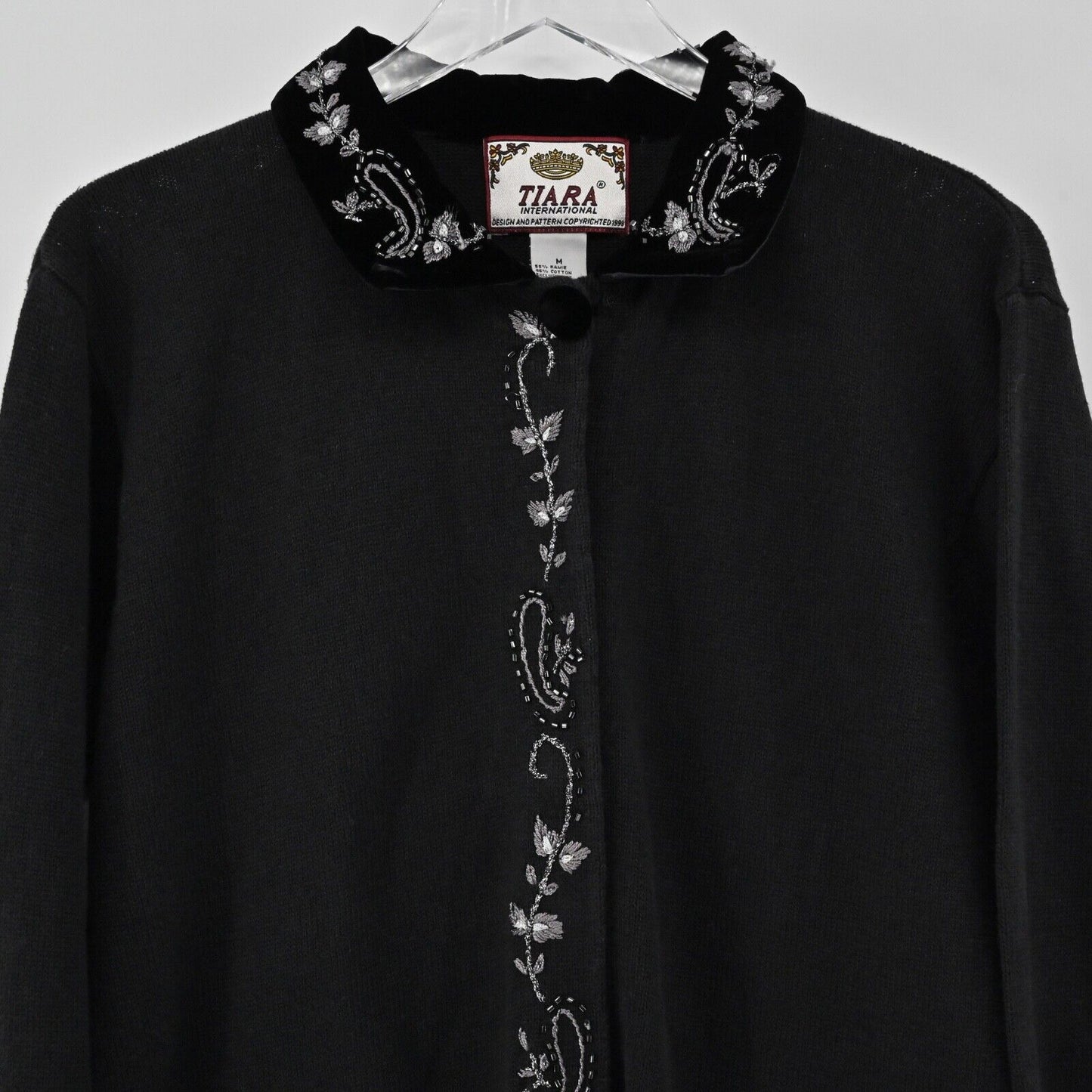 Vtg Beaded Cardigan Women Sz M Black Embroidered Paisley 90s TIARA INTERNATIONAL