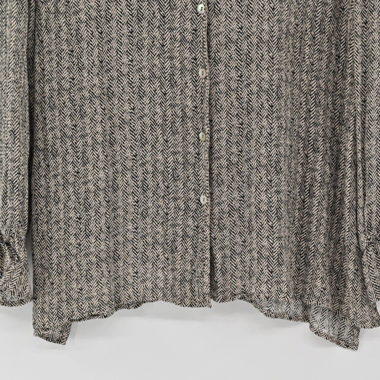 J JILL Top Womens Size M Cream Black Herringbone Button Up Long Bow Bell Sleeve
