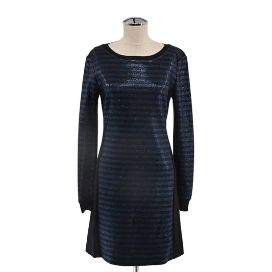 TRINA TURK Dress Womens Sz 6 Metallic Black Blue Stripe Scoop Neck Mini Sweater