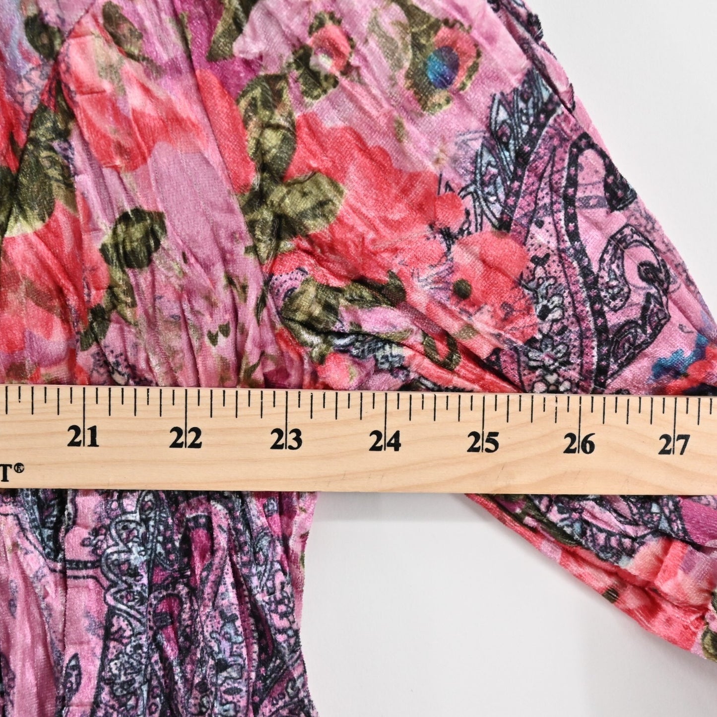 Vtg FANTAZIA Womens Velvet Jacket Size M Pink Floral Paisley Crinkle Ruffle Y2k