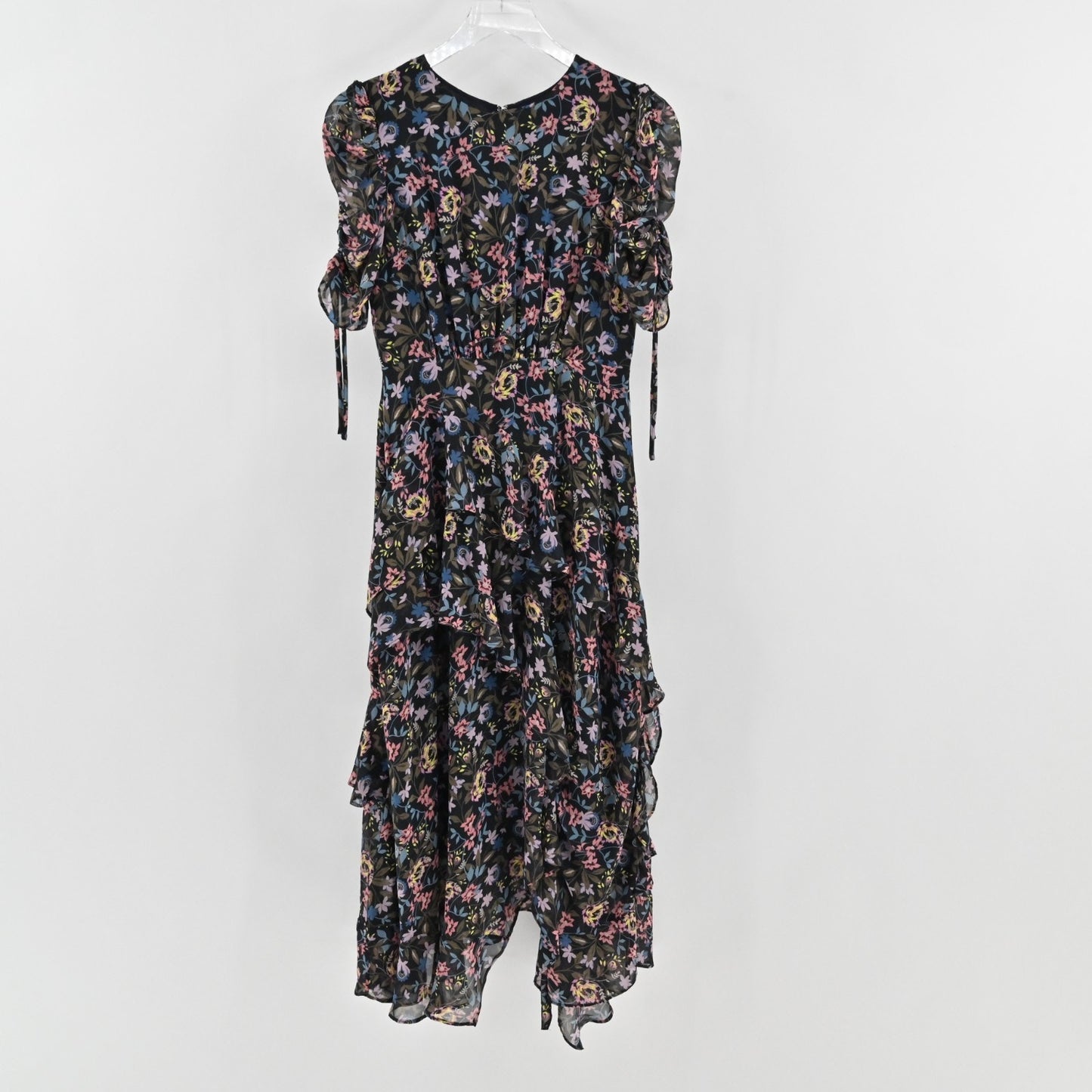 CeCe Tiered Midi Dress Size 2 Black Asymmetric Floral Print Ruched Short Sleeve