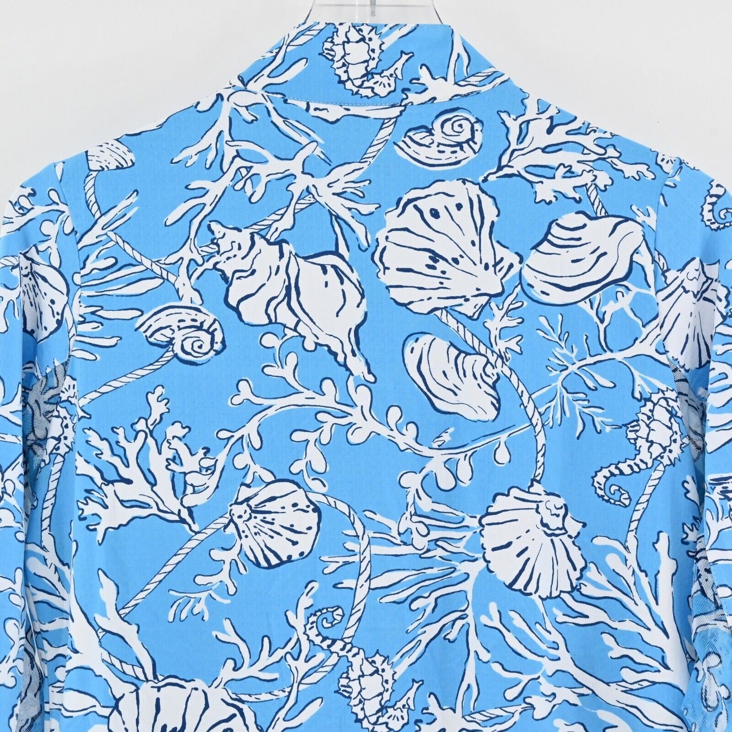 ICIKULS Top Womens Size M Blue Tropical Seashell Print Quarter Zip Long Sleeve
