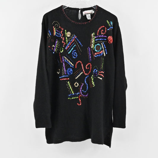 Vtg Beaded Sweater Womens Sz 20 Colorful Sequin Black Silk Angora Art Maximalist