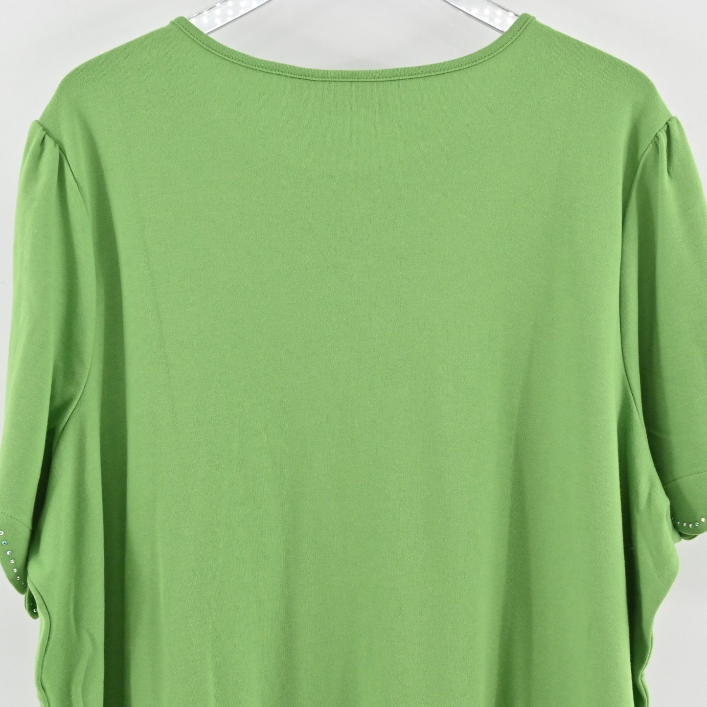 Quacker Factory Womens Scalloped Rhinestone Top Size 3X Green Short Puff Sleeve