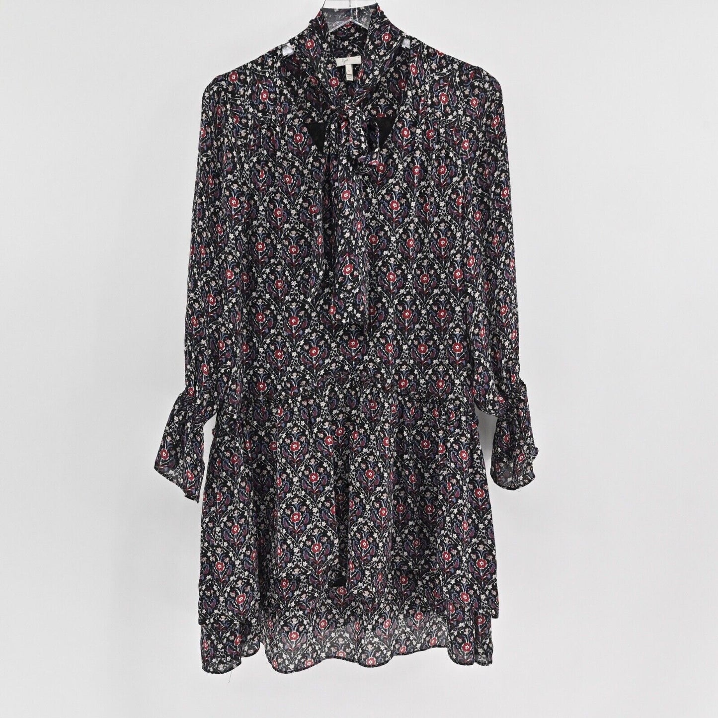 JOIE Dress Sz S Jamira Black Floral Silk Tie Neck Bell Sleeve Ruffle Mini Ditsy