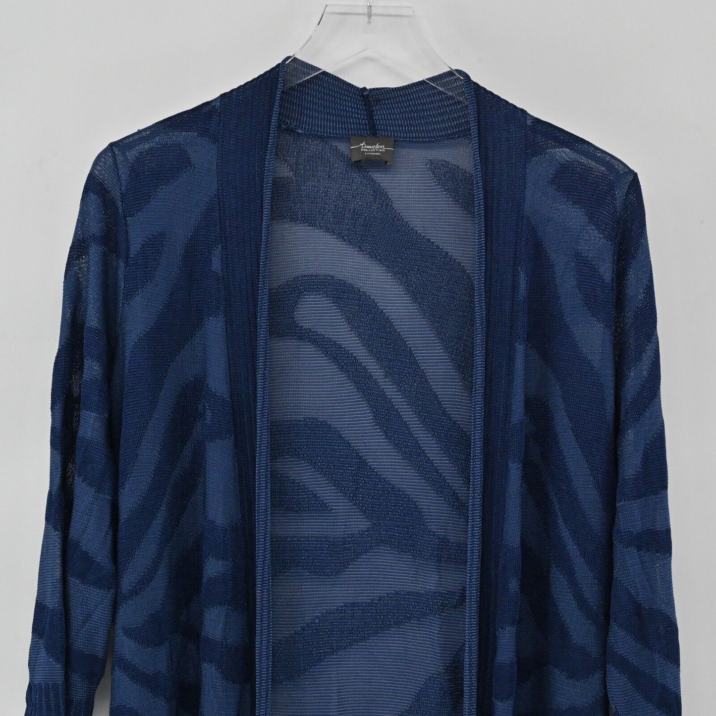 CHICOS Sweater Womens Size S Travelers Collection Zebra Print Knit Open Cardigan