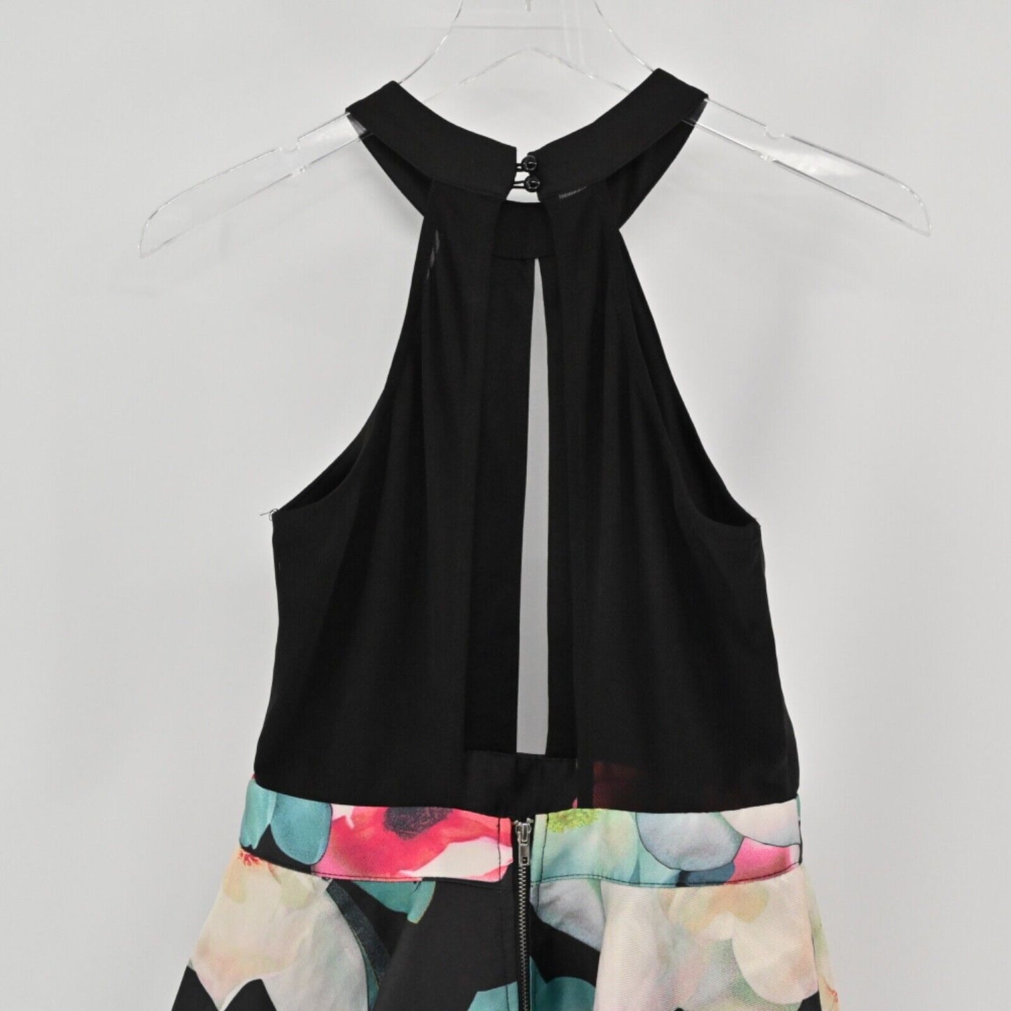 LUXXEL Dress Womens Size S Mini Fit Flare Halter Black Floral Satin Retro Prom