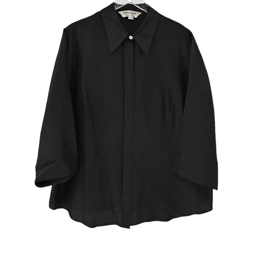 MARINA RINALDI Top Womens Size XL Black Camicia Silk Button Up 3/4 Sleeve Italy