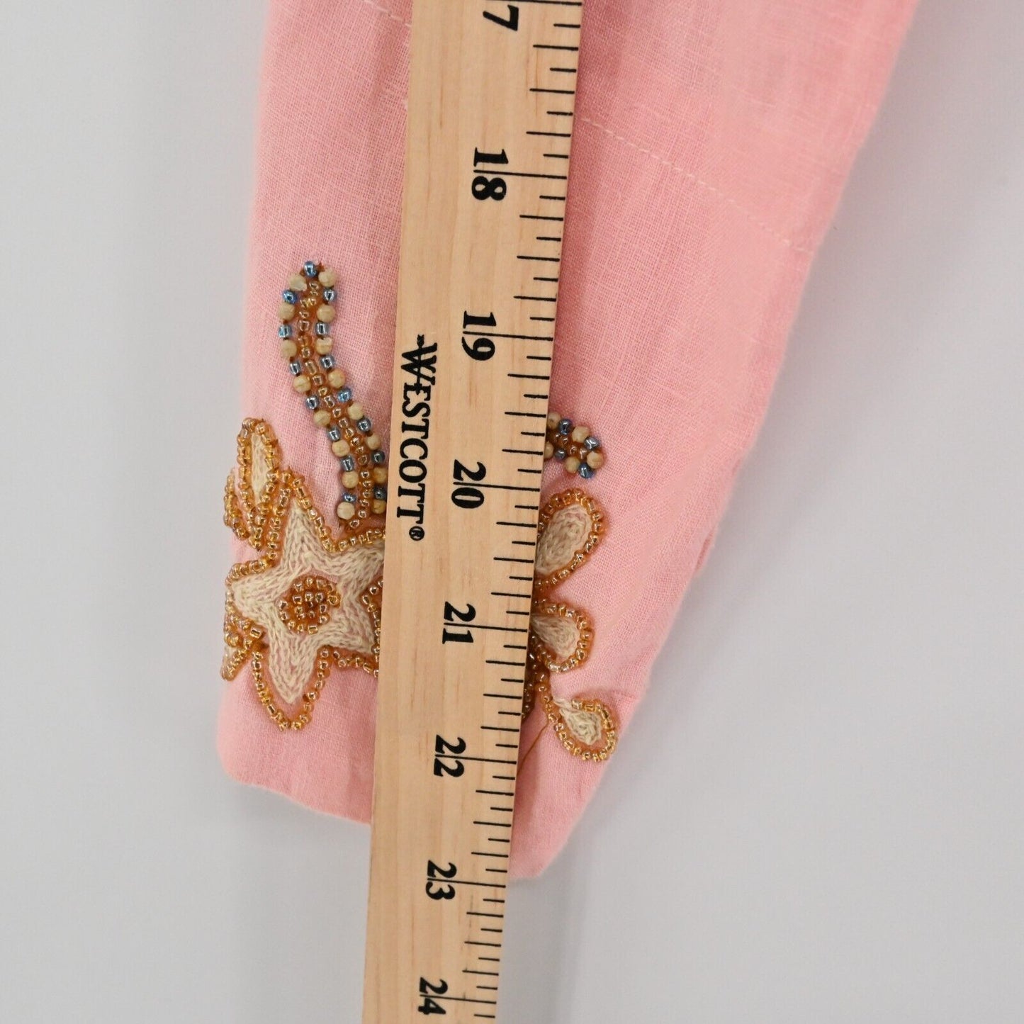 BARBARA GERWIT Top Womens Size M Linen Beaded Detail Pink Tunic Split VNeck